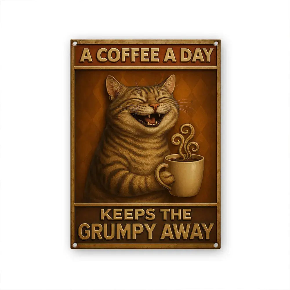 Keeps The Grumpy Away Cat Metal Sign – Coffee Gift Duconspace