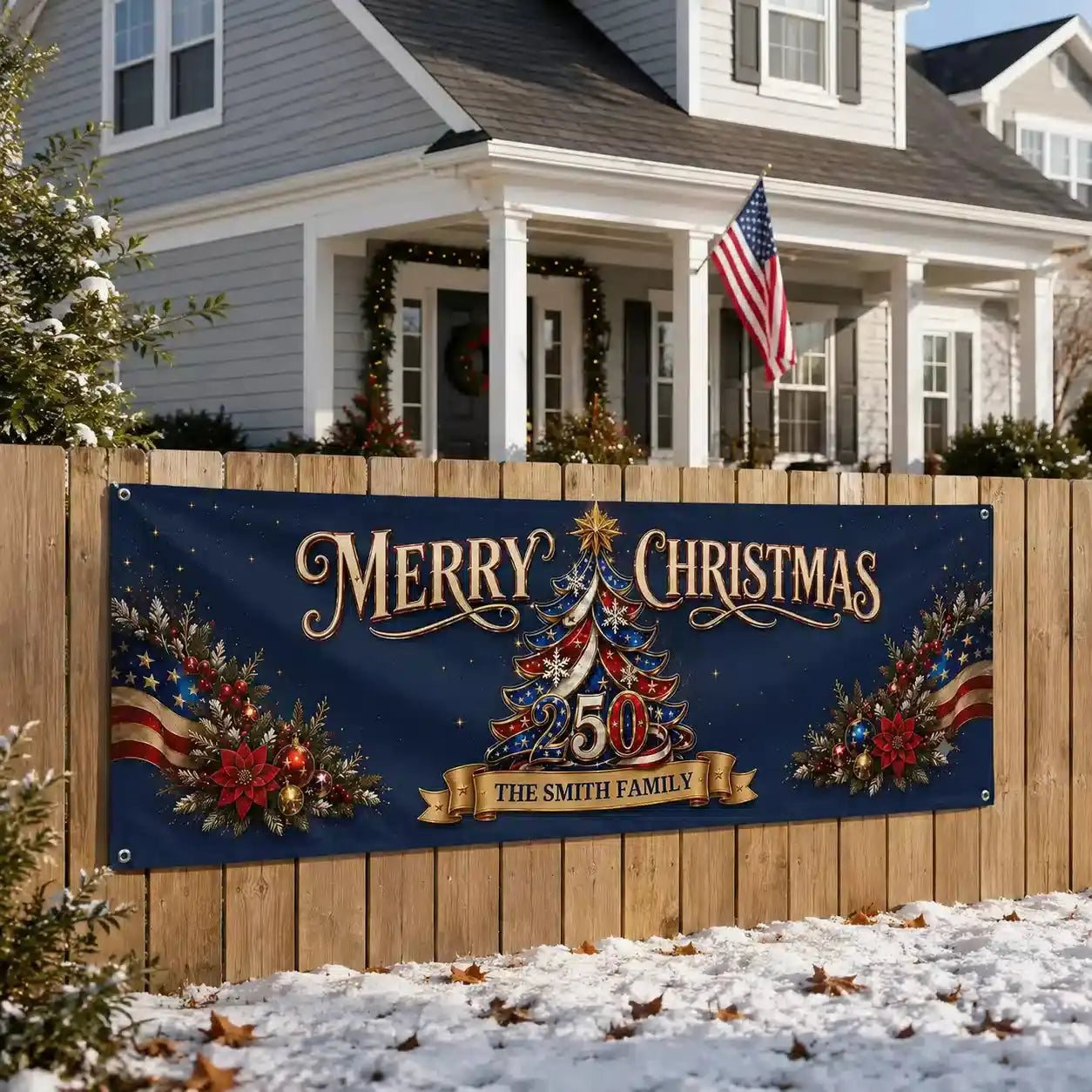 Merry Christmas Custom Family Name Fabric Banner