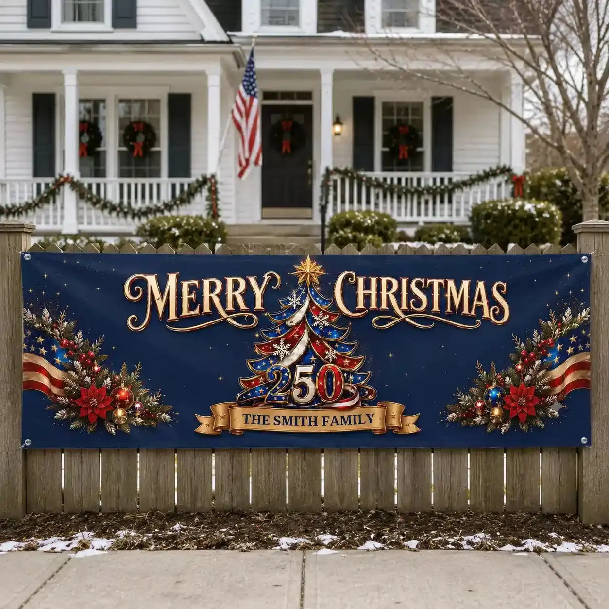Merry Christmas Custom Family Name Fabric Banner