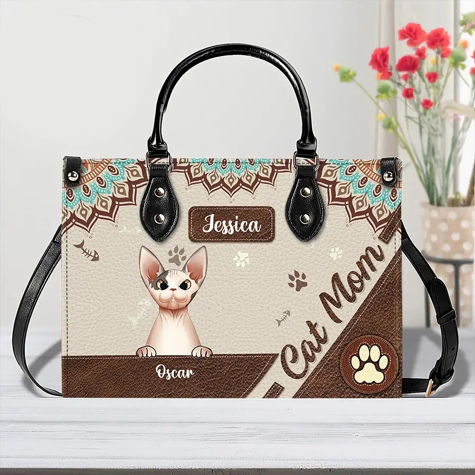 "Paws, Purrs & Love" – Cat Personalized Leather Handbag with Paws Pattern, Mother’s Day Gift for Cat Moms, Cat Dads, and Cat Lovers