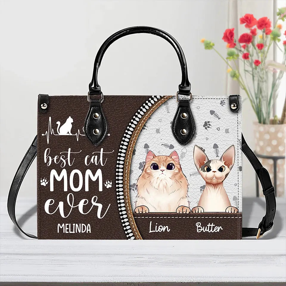 Best Cat Mom Ever – Personalized Leather Handbag, Custom Gift for Cat Moms and Pet Lovers Ducon Space