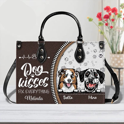 Dog Kisses Fix Everything – Personalized Leather Handbag, Custom Gift for Dog Moms, Dog Dads, and Pet Lovers