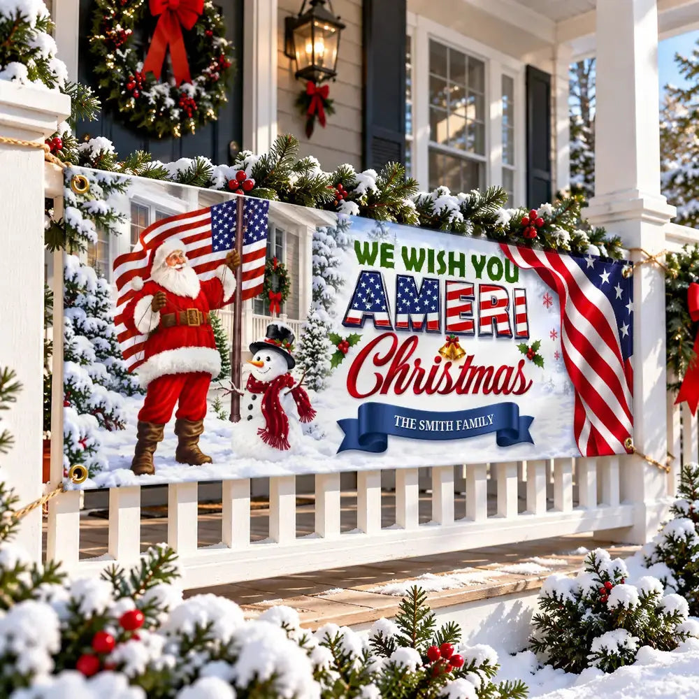 Personalized Ameri Christmas banner on decorated front porch railing