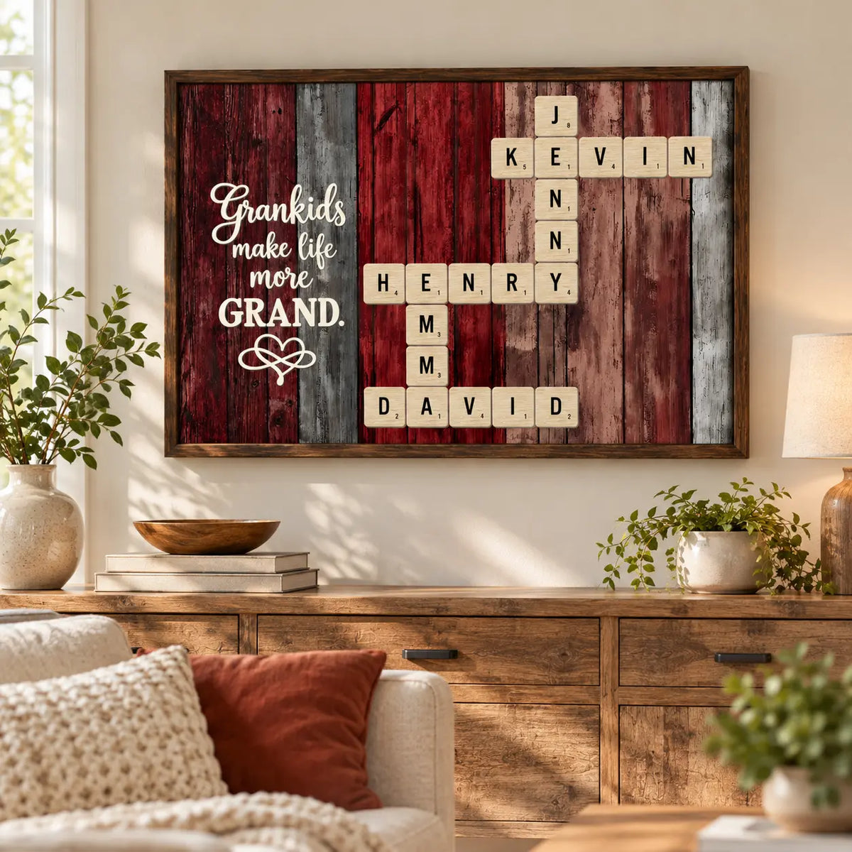 Grandkids Crossword Art Poster hanging in a living room Duconspace