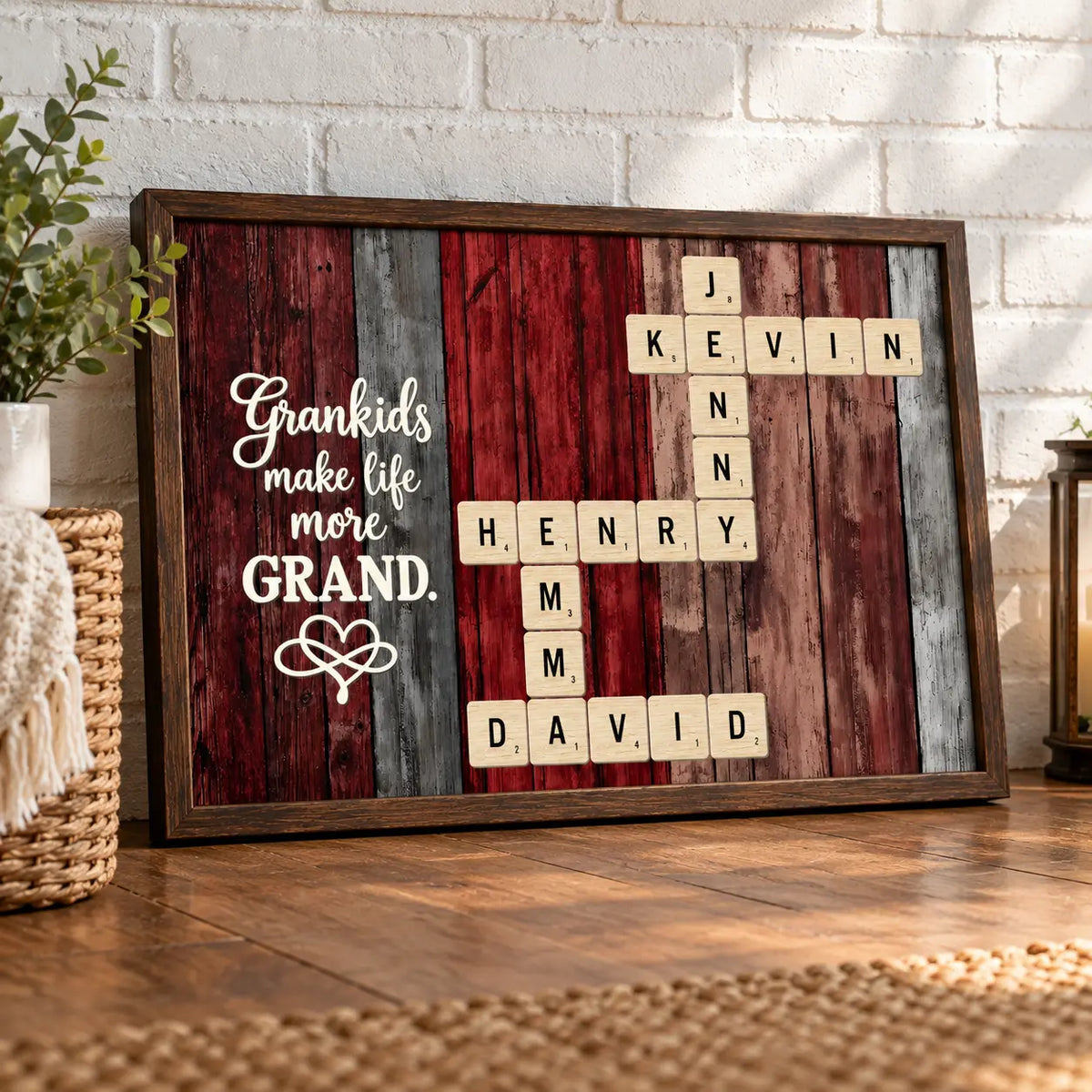Grandkids Crossword Art Poster leaning on a shelf Duconspace