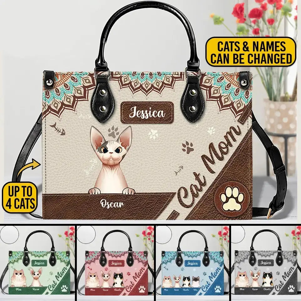 "Paws, Purrs & Love" – Cat Personalized Leather Handbag with Paws Pattern, Mother’s Day Gift for Cat Moms, Cat Dads, and Cat Lovers Ducon Space