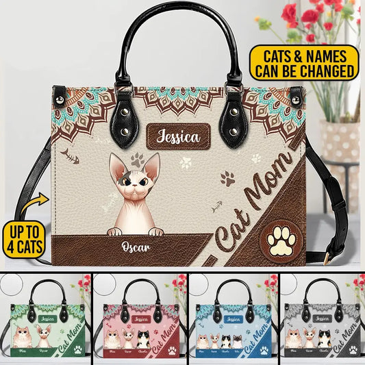 "Paws, Purrs & Love" – Cat Personalized Leather Handbag with Paws Pattern, Mother’s Day Gift for Cat Moms, Cat Dads, and Cat Lovers