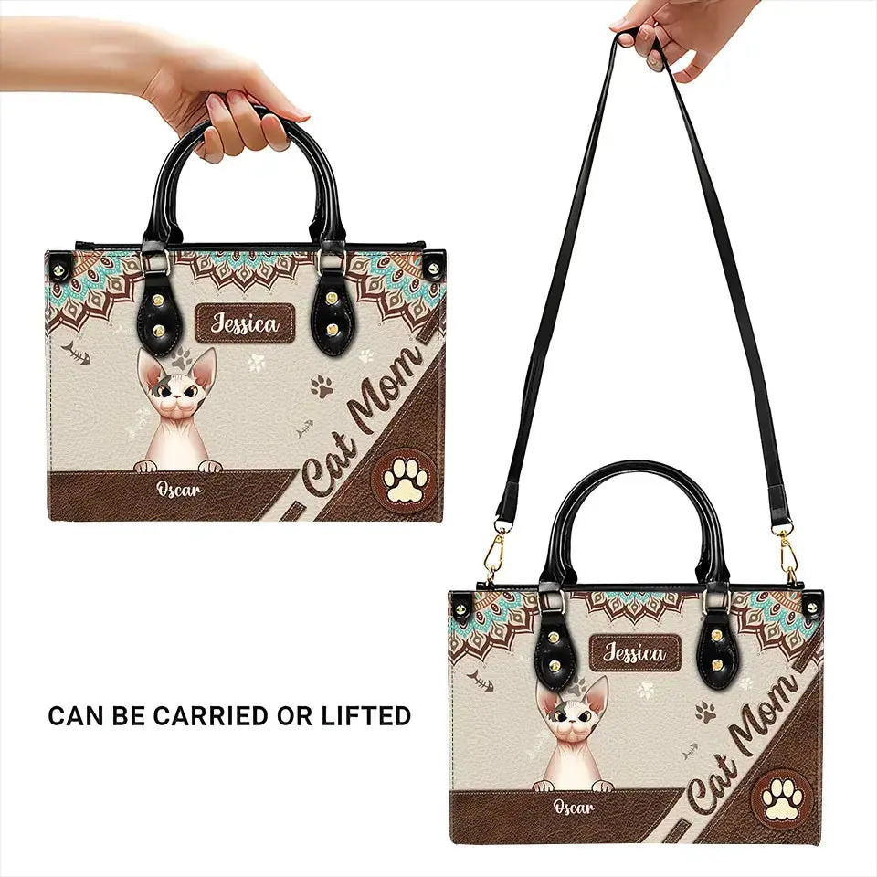 "Paws, Purrs & Love" – Cat Personalized Leather Handbag with Paws Pattern, Mother’s Day Gift for Cat Moms, Cat Dads, and Cat Lovers Ducon Space