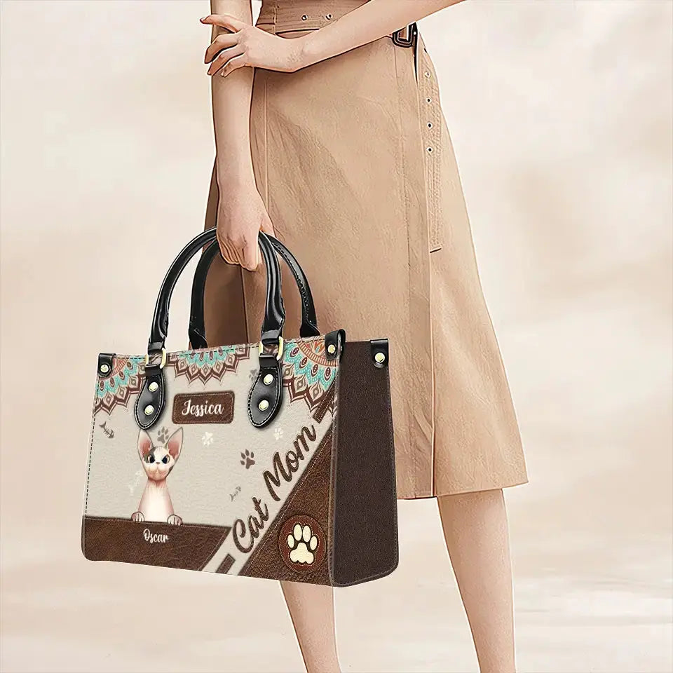 "Paws, Purrs & Love" – Cat Personalized Leather Handbag with Paws Pattern, Mother’s Day Gift for Cat Moms, Cat Dads, and Cat Lovers Ducon Space