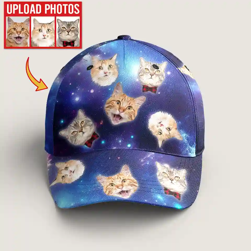 Paws in the Galaxy- Custom Cat Face Classic Cap with Space Background, Funny Adjustable Hat Gift for Cat Lovers