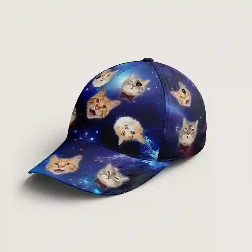 Paws in the Galaxy- Custom Cat Face Classic Cap with Space Background, Funny Adjustable Hat Gift for Cat Lovers