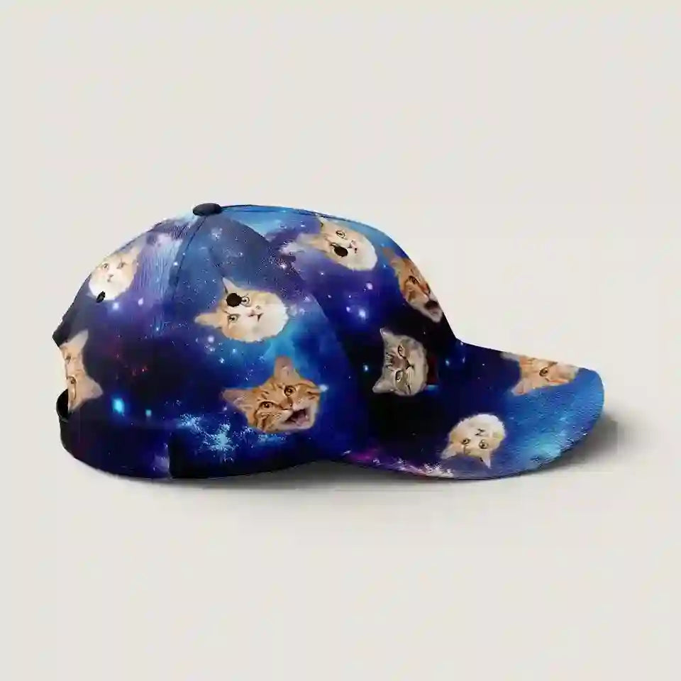 Paws in the Galaxy- Custom Cat Face Classic Cap with Space Background, Funny Adjustable Hat Gift for Cat Lovers