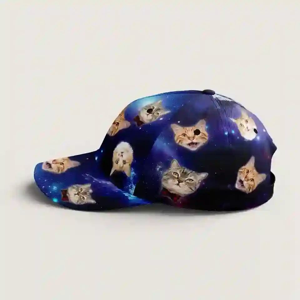 Paws in the Galaxy- Custom Cat Face Classic Cap with Space Background, Funny Adjustable Hat Gift for Cat Lovers