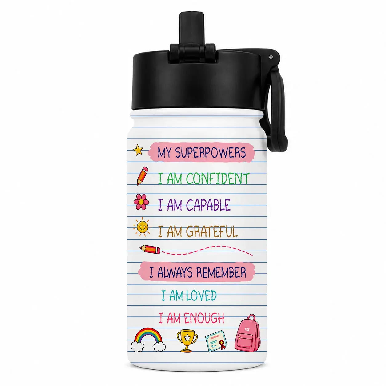 Personalized School Girl Affirmation Kid Water Bottle Duconspace