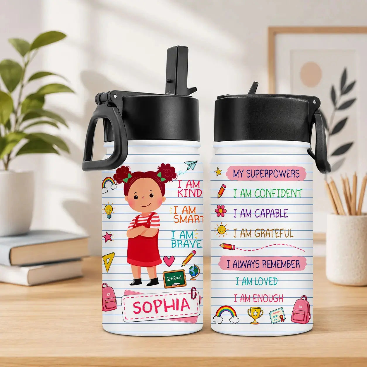 Personalized School Girl Affirmation Kid Water Bottle Duconspace