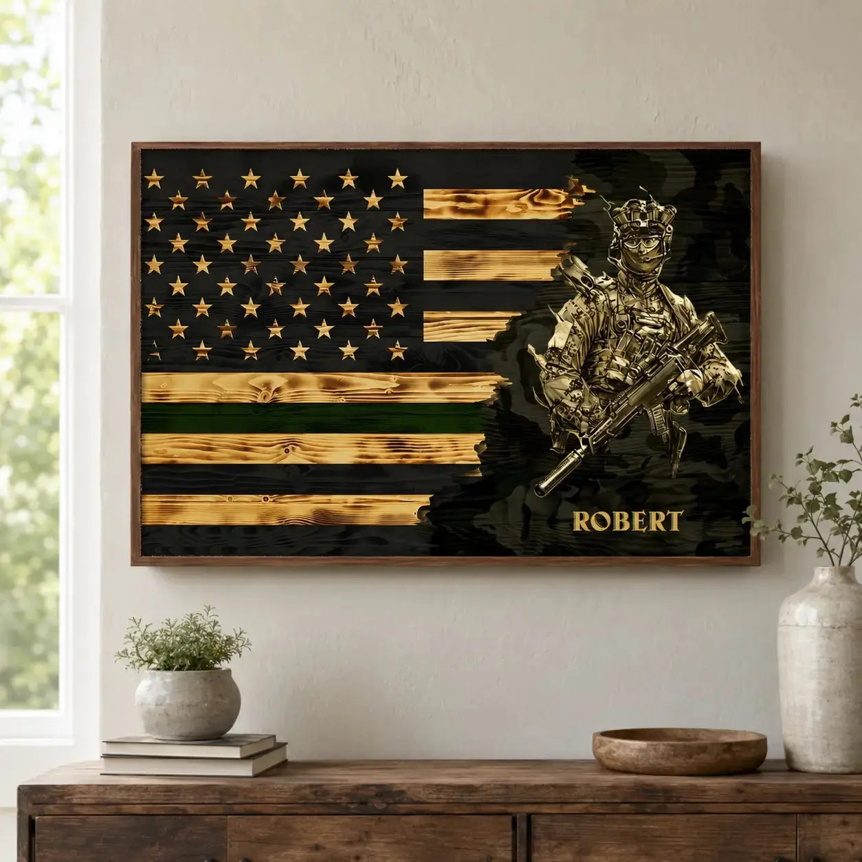 Personalized Branch & Name Half Thin Green Line Soldier Veteran Poster Duconspace