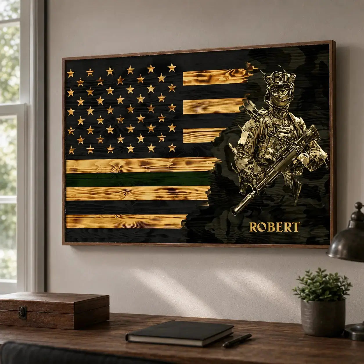 Personalized Branch & Name Half Thin Green Line Soldier Veteran Poster Duconspace