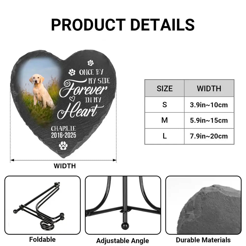 Heart-shaped product with a dog photo and text, featuring size chart and product details on a white background.
