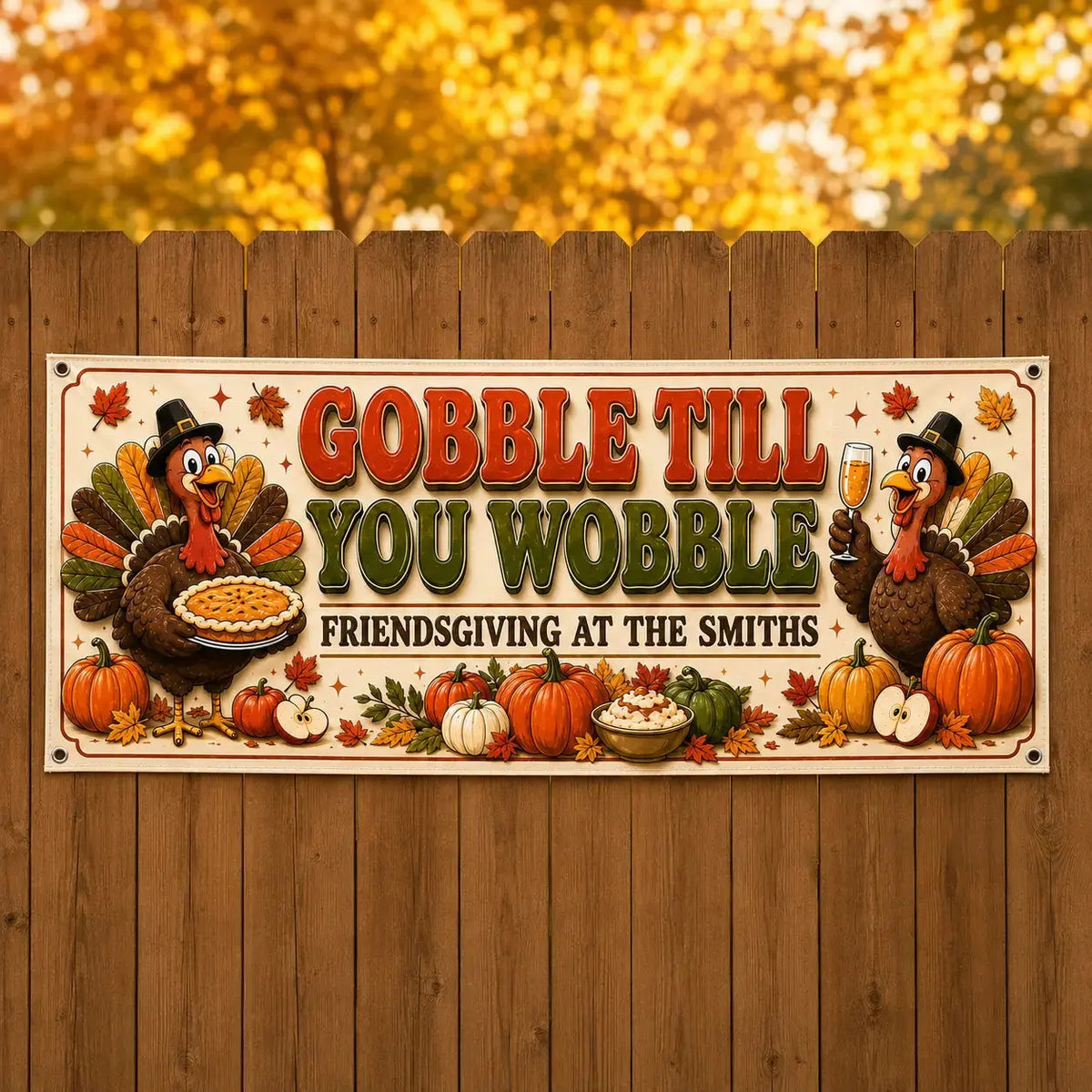 Personalized Gobble Till You Wobble Friendsgiving Thanksgiving Banner Duconspace