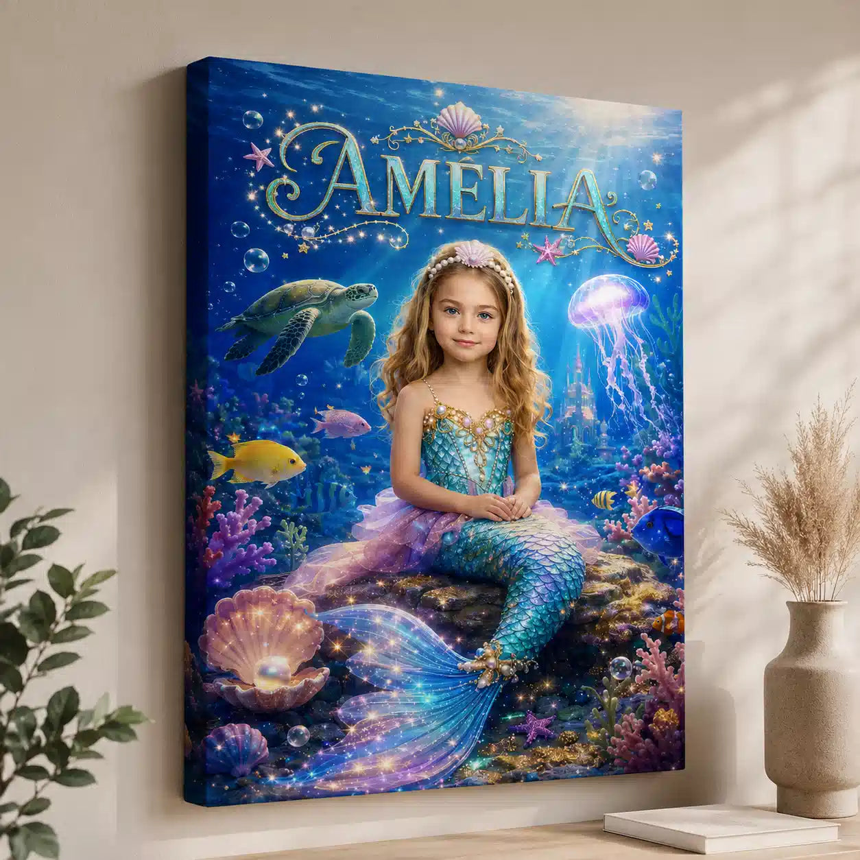 Personalized Mermaid Girl Portrait Wall Art Poster Canvas