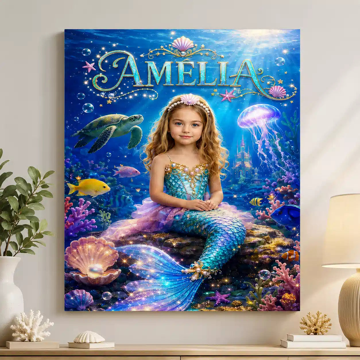 Personalized Mermaid Girl Portrait Wall Art Poster Canvas