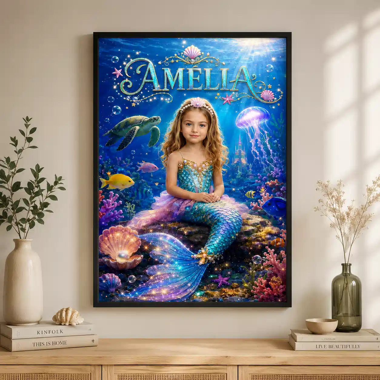 Personalized Mermaid Girl Portrait Wall Art Poster Canvas
