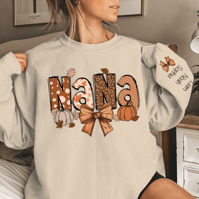 Custom Fall Nana, Mimi, Gigi Sweatshirt & Hoodie – Personalized with Grandchildren's Names on Sleeves