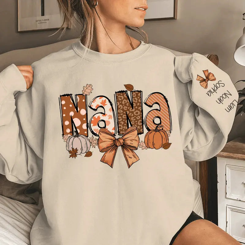 Custom Fall Nana, Mimi, Gigi Sweatshirt & Hoodie – Personalized with Grandchildren's Names on Sleeves Dreamship