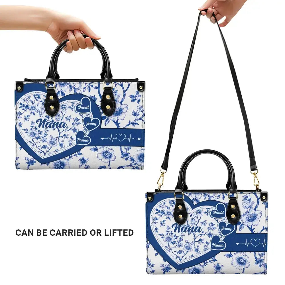 Personalized Nana Heart Floral Handbag with Grandkids Names Duconspace