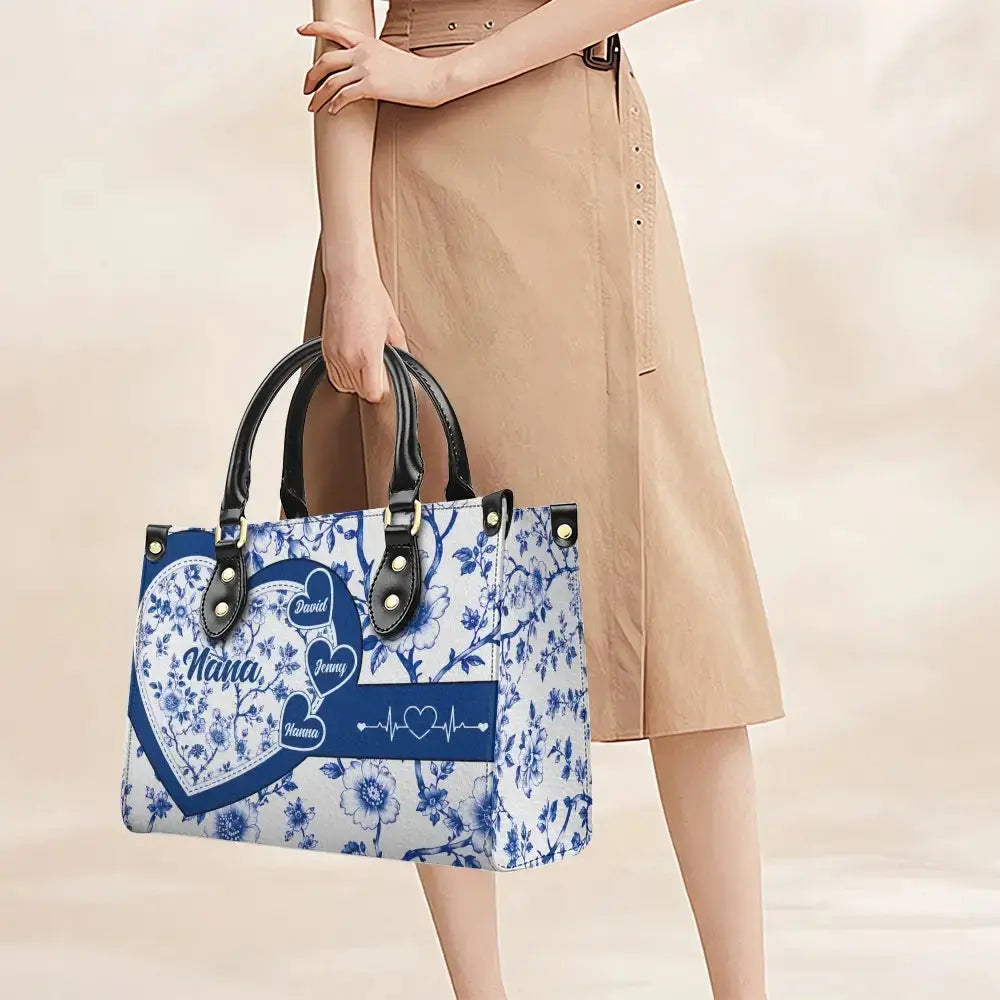 Personalized Nana Heart Floral Handbag with Grandkids Names Duconspace