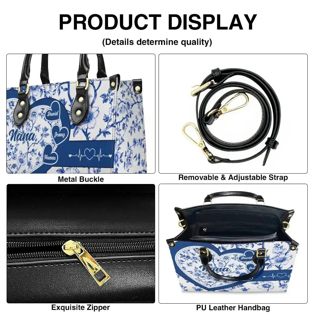 Personalized Nana Heart Floral Handbag with Grandkids Names Duconspace
