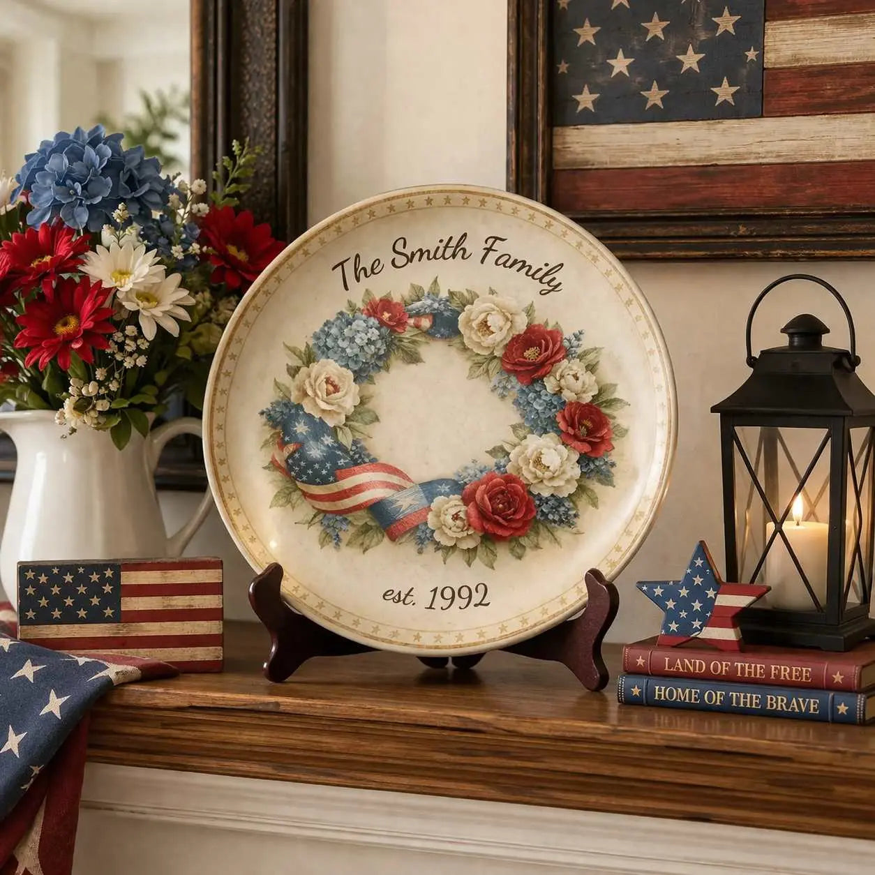Personalized Patriotic Floral Family Plate Duconspace