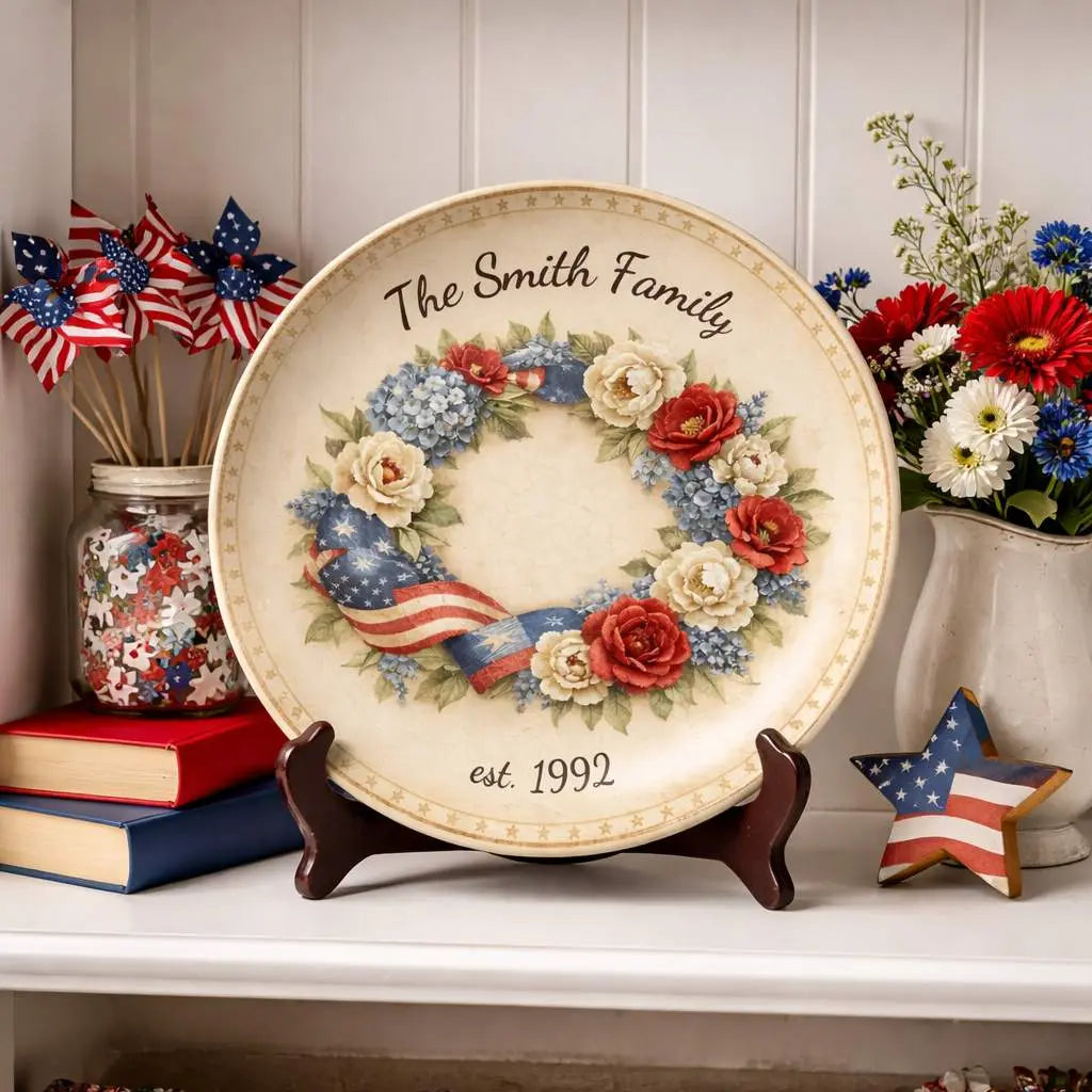 Personalized Patriotic Floral Family Plate Duconspace