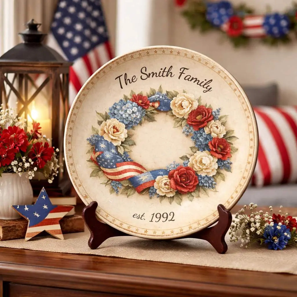 Personalized Patriotic Floral Family Plate Duconspace