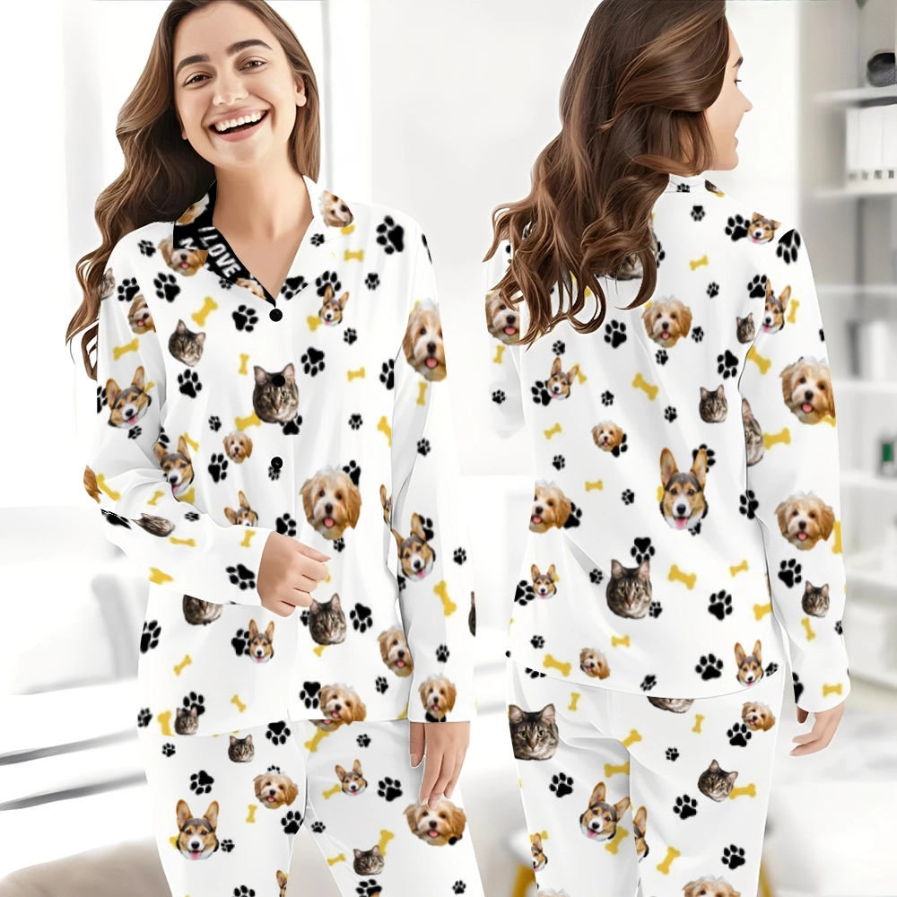 Personalized Pet Face Pajama Set Long – Custom Pajama Long Sleeve with Dog or Cat Photos - Perfect Gift for Pet Lovers