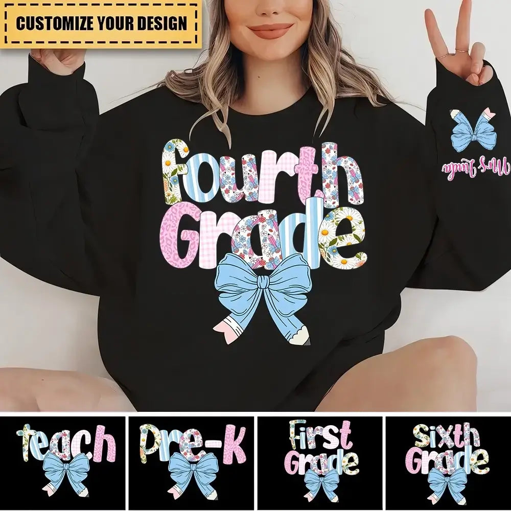 Preppy Fourth Grade Teacher Blue Floral Coquette Pencil Bow Sweater