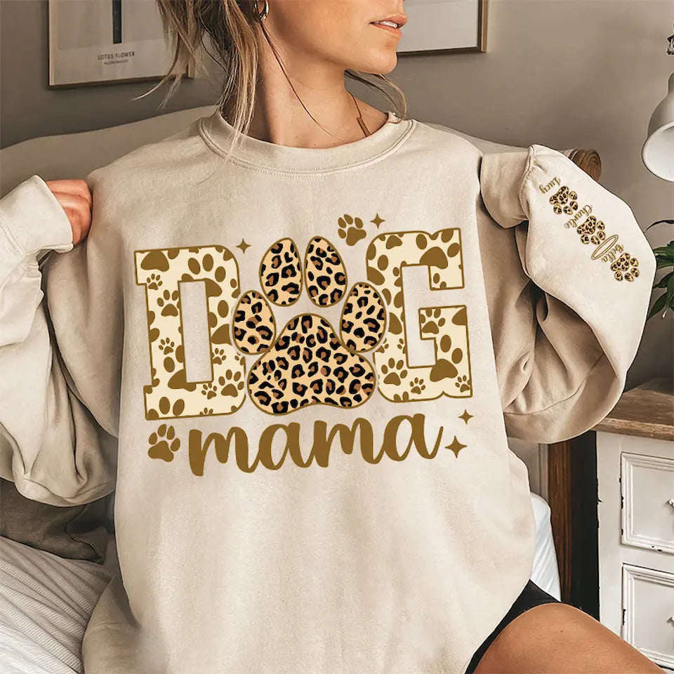 Proudly Wear Your Dog Mama Love - Leopard Sleeve Shirt with Custom Dog Names, Personalized Gift for Dog Moms and Dog Lovers