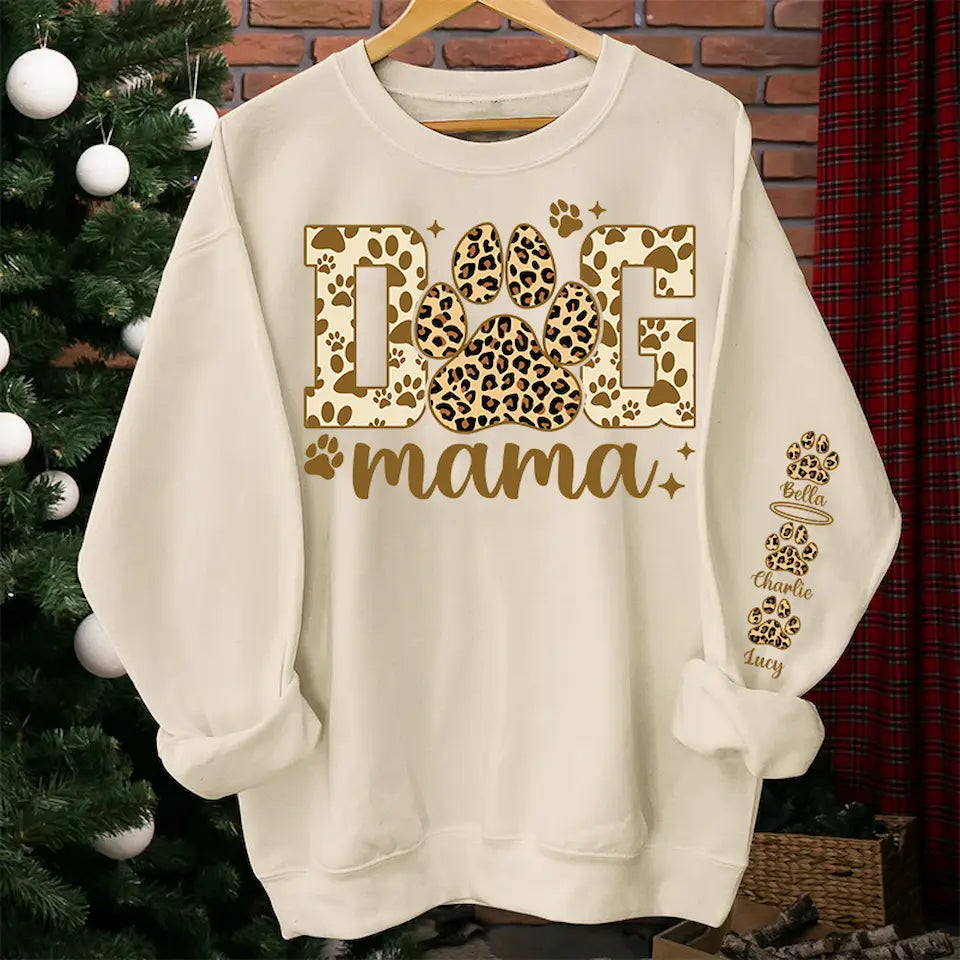 Proudly Wear Your Dog Mama Love - Leopard Sleeve Shirt with Custom Dog Names, Personalized Gift for Dog Moms and Dog Lovers