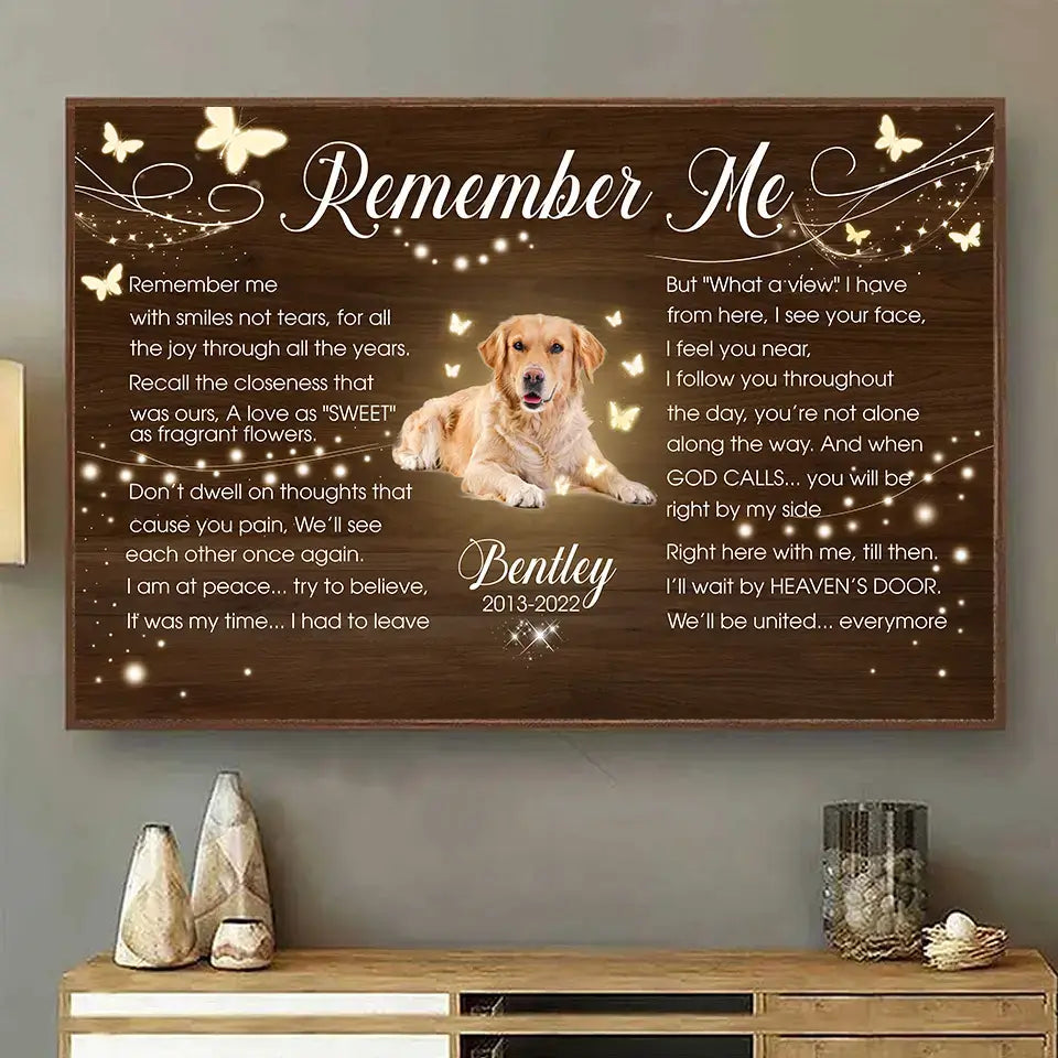 Remember Me with Smiles, Not Tears - Custom Photo Memorial Pet Poster, Personalized Name & Year Wall Art Tribute