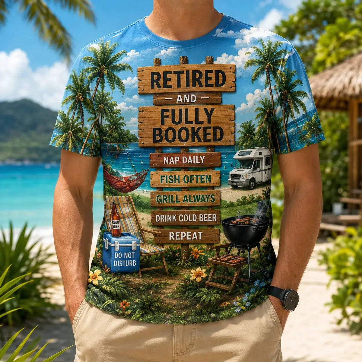 Retired and Fully Booked Beach Life AOP T-Shirt Duconspace