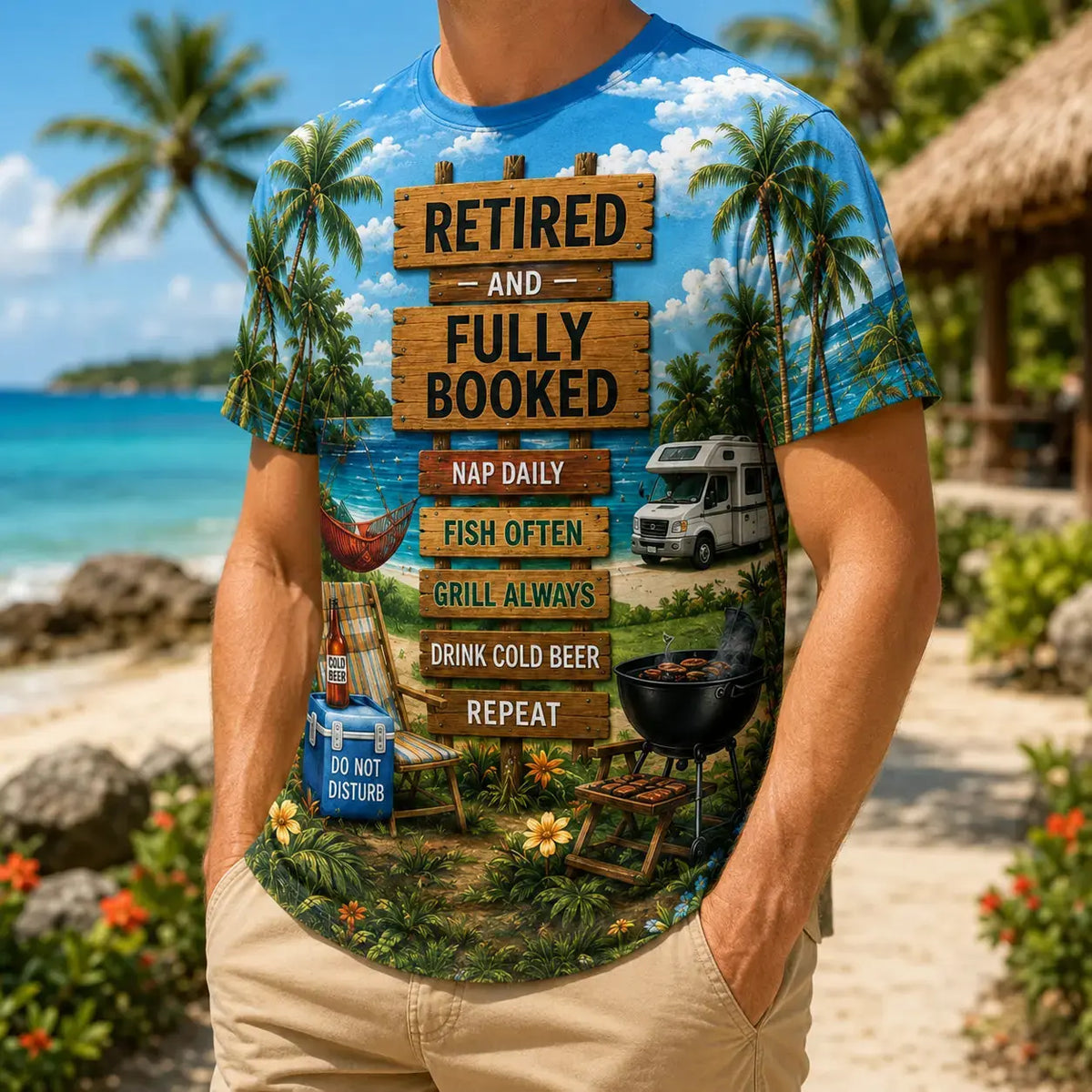 Retired and Fully Booked Beach Life AOP T-Shirt Duconspace
