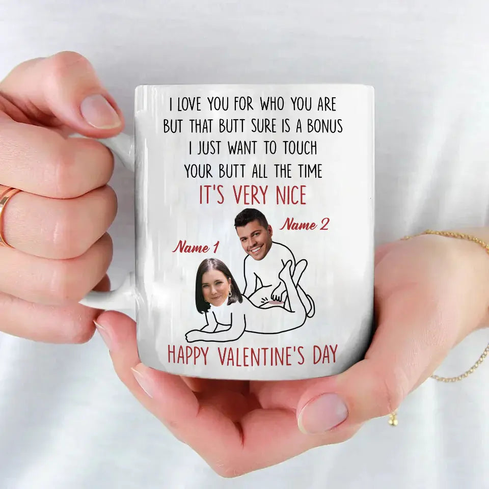 Sip, Smile, and Love - Custom Funny Couple Mug with Names & Faces, Personalized Valentine’s Gift for Your Lover