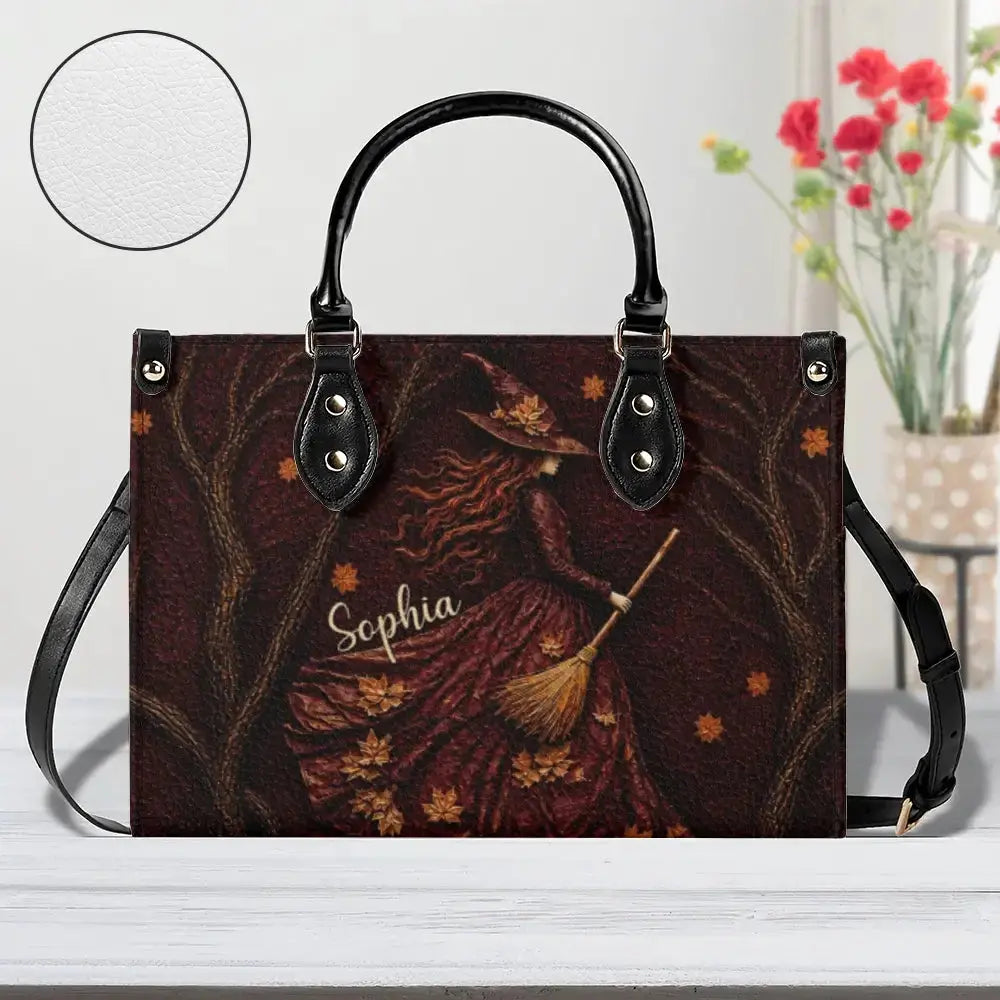 Spooky Witch Art Print Leather Hand Bag - Personalized Gift for Halloween Duconspace