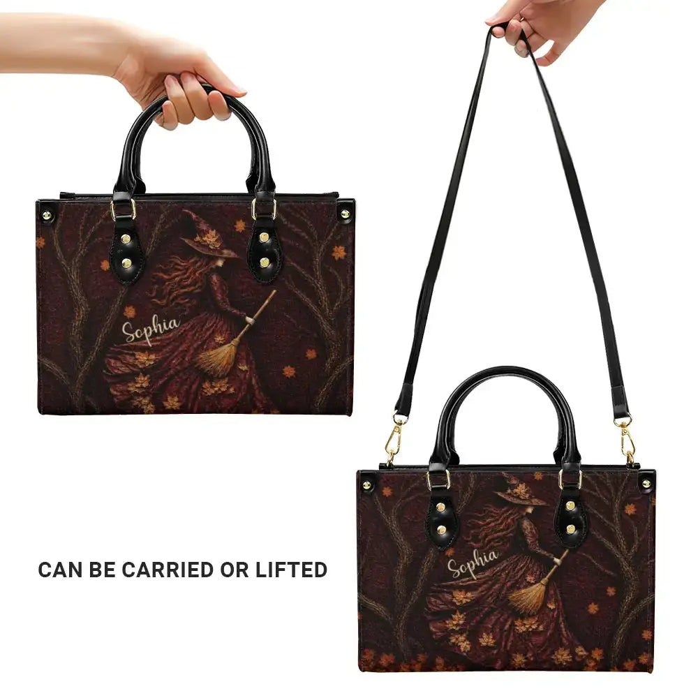 Spooky Witch Art Print Leather Hand Bag - Personalized Gift for Halloween