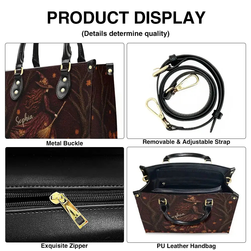 Spooky Witch Art Print Leather Hand Bag - Personalized Gift for Halloween