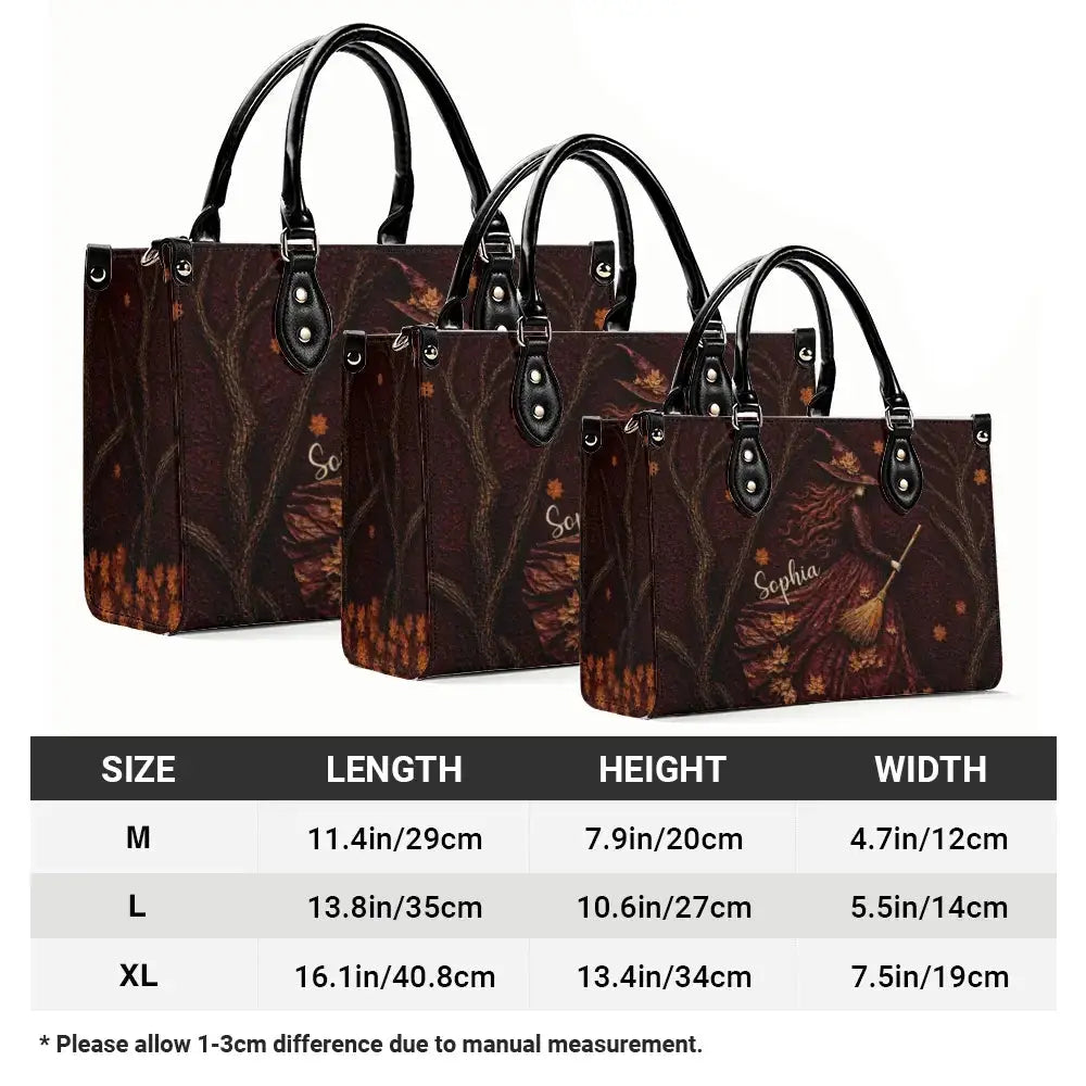Spooky Witch Art Print Leather Hand Bag - Personalized Gift for Halloween