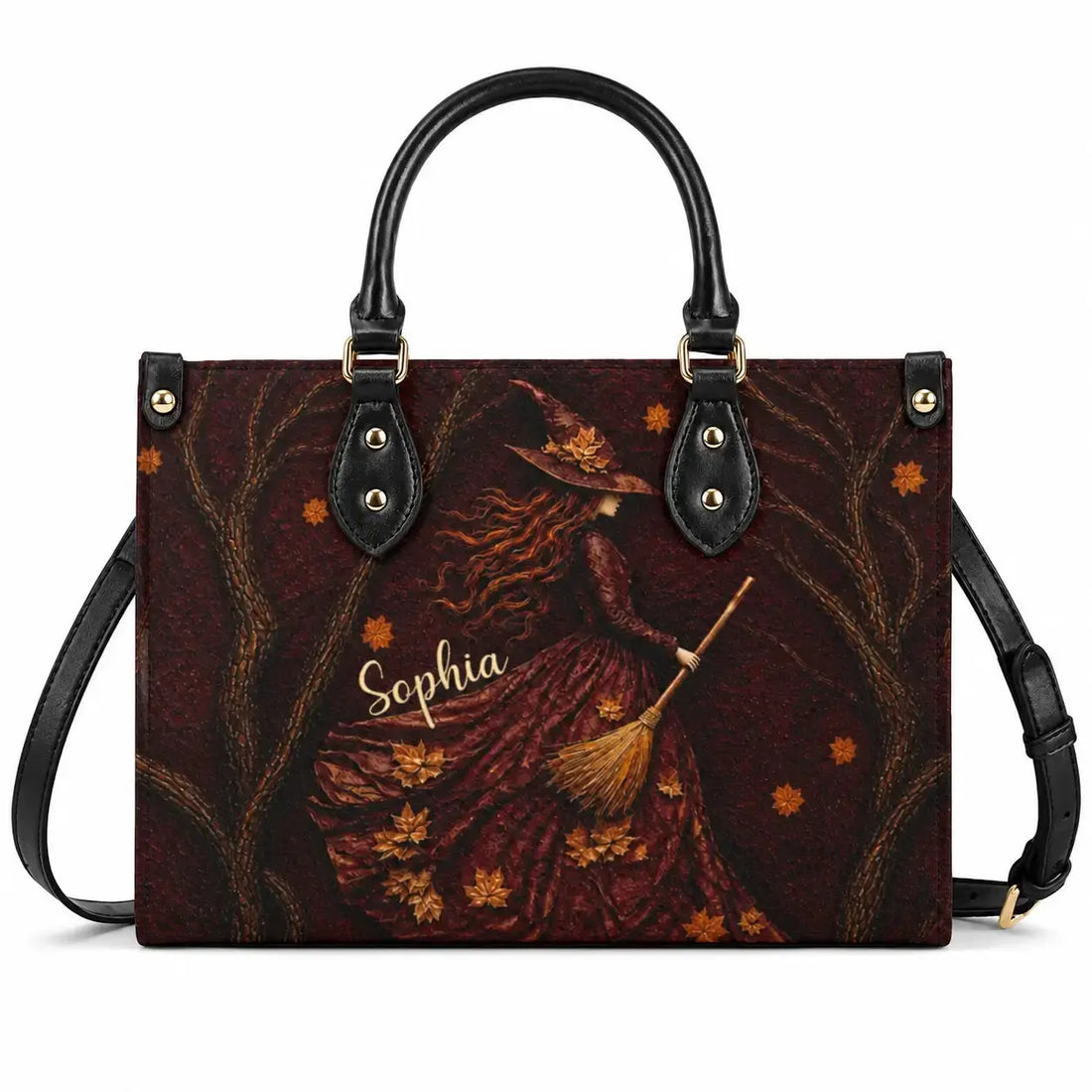 Spooky Witch Art Print Leather Hand Bag - Personalized Gift for Halloween Duconspace