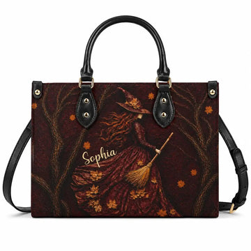 Spooky Witch Art Print Leather Hand Bag - Personalized Gift for Halloween