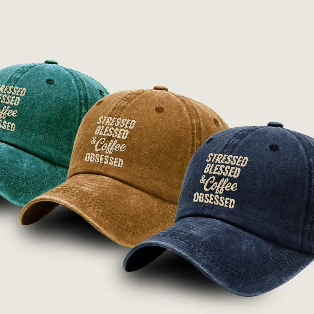 Stressed Blessed & Coffee Obsessed Washed Denim Cap Duconspace
