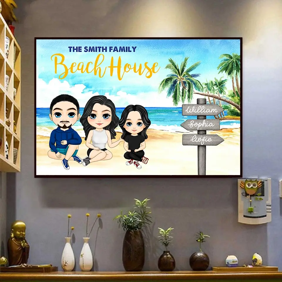 Summer Memories Begin Here – Custom Beach Family Poster with Personalized Appearance and Names, Perfect Gift for Family This Season